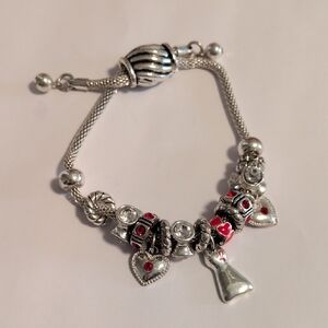 Silver and Red Rhinestones Heart Dress Cancer Awareness Charm‎ Bracelet
